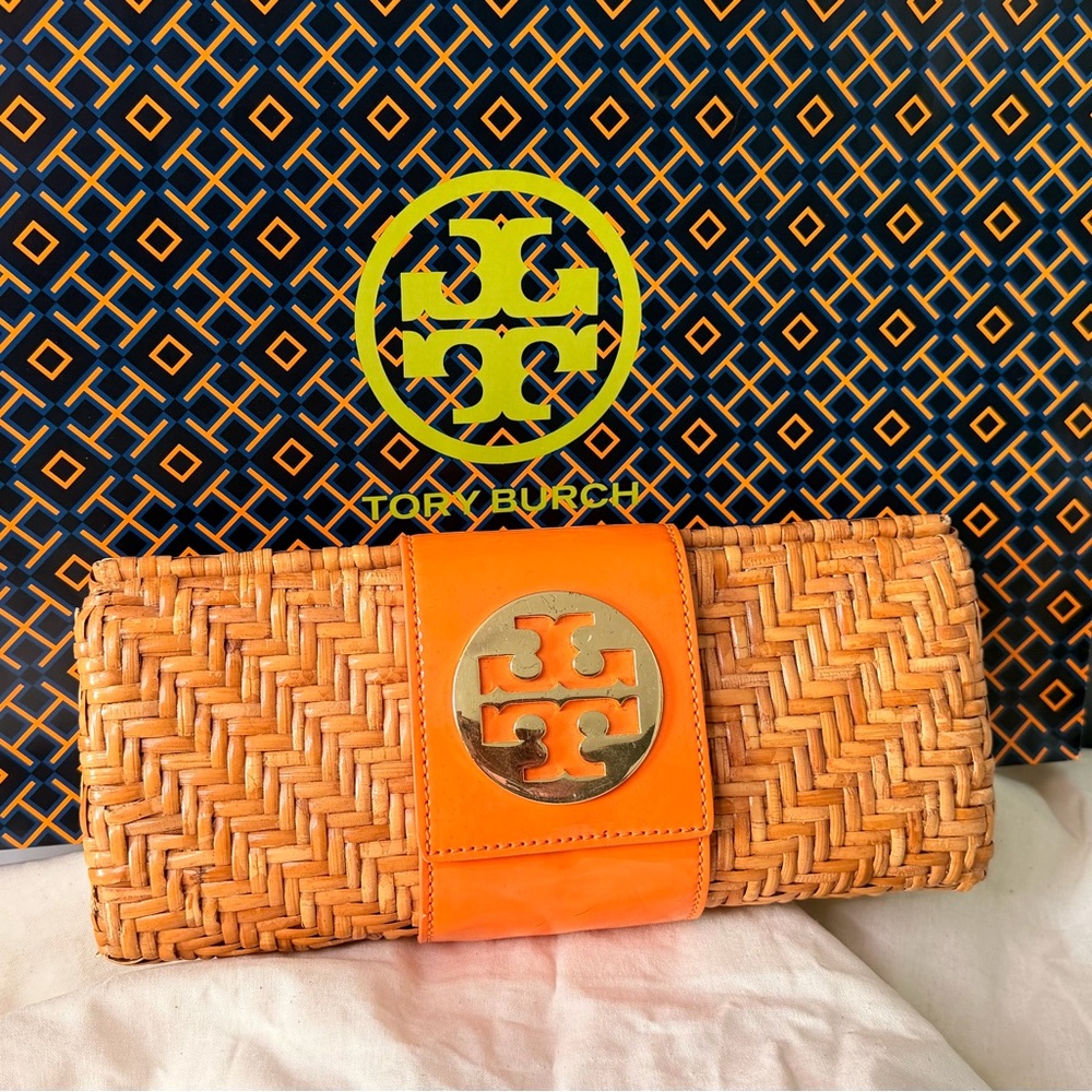 Tory Burch Tan & Orange Woven Clutch with Gold T Logo Detail